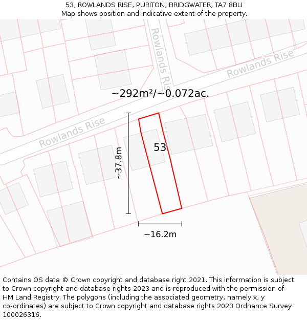 53, ROWLANDS RISE, PURITON, BRIDGWATER, TA7 8BU: Plot and title map