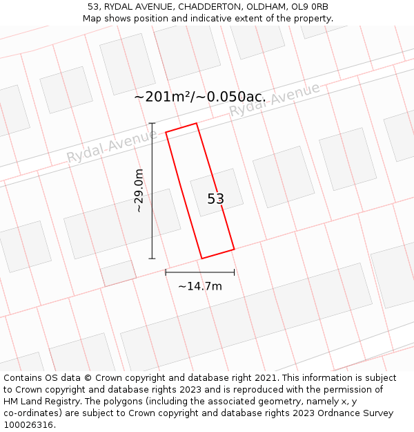 53, RYDAL AVENUE, CHADDERTON, OLDHAM, OL9 0RB: Plot and title map