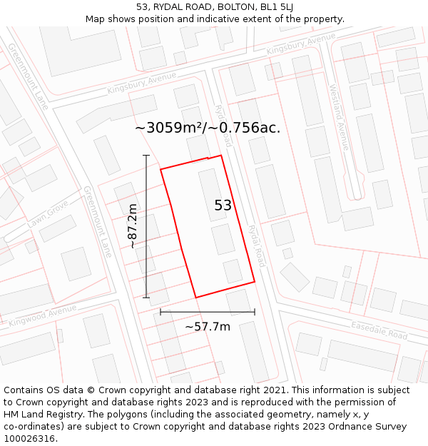 53, RYDAL ROAD, BOLTON, BL1 5LJ: Plot and title map