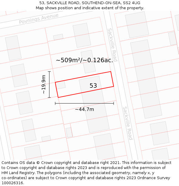 53, SACKVILLE ROAD, SOUTHEND-ON-SEA, SS2 4UG: Plot and title map