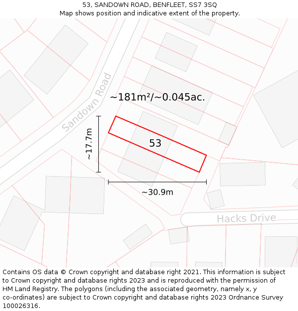 53, SANDOWN ROAD, BENFLEET, SS7 3SQ: Plot and title map