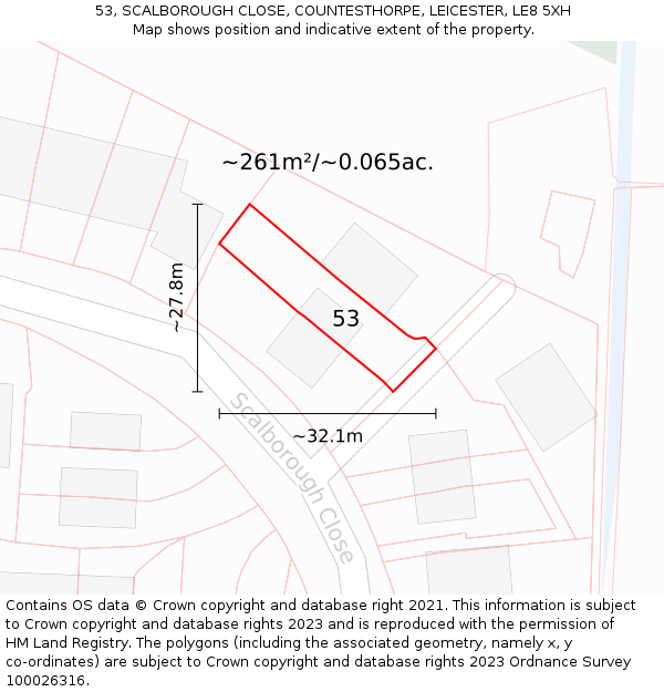 53, SCALBOROUGH CLOSE, COUNTESTHORPE, LEICESTER, LE8 5XH: Plot and title map