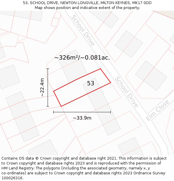 53, SCHOOL DRIVE, NEWTON LONGVILLE, MILTON KEYNES, MK17 0DD: Plot and title map