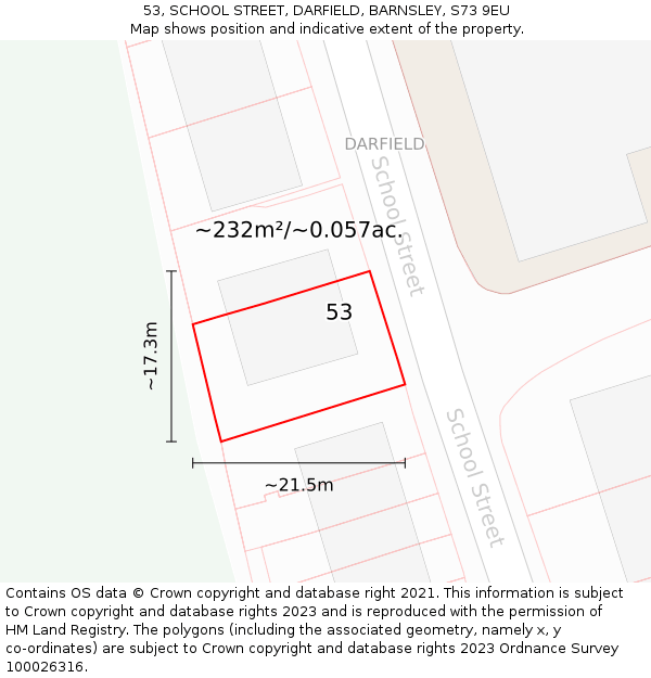 53, SCHOOL STREET, DARFIELD, BARNSLEY, S73 9EU: Plot and title map