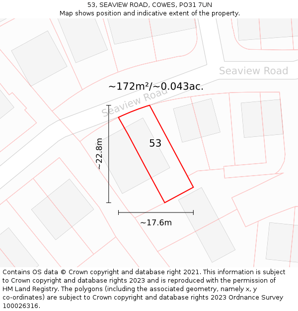 53, SEAVIEW ROAD, COWES, PO31 7UN: Plot and title map