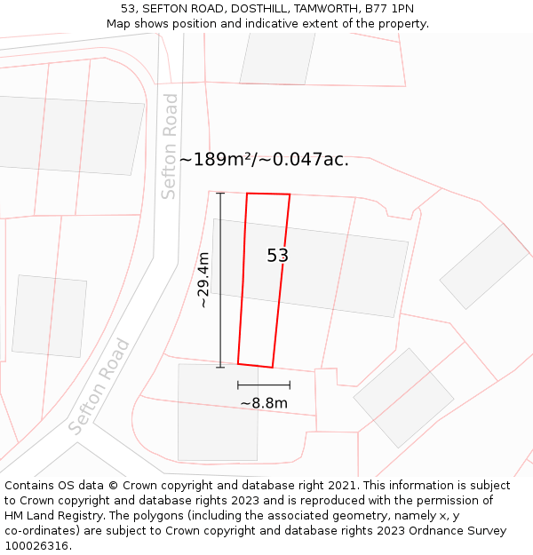 53, SEFTON ROAD, DOSTHILL, TAMWORTH, B77 1PN: Plot and title map