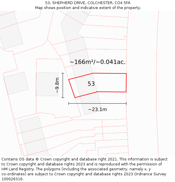 53, SHEPHERD DRIVE, COLCHESTER, CO4 5FA: Plot and title map