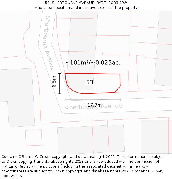 53, SHERBOURNE AVENUE, RYDE, PO33 3PW: Plot and title map