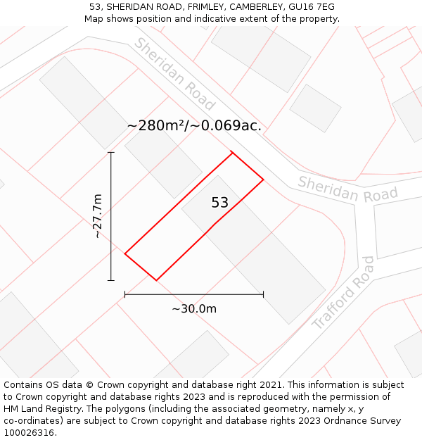 53, SHERIDAN ROAD, FRIMLEY, CAMBERLEY, GU16 7EG: Plot and title map