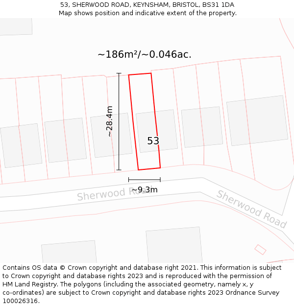 53, SHERWOOD ROAD, KEYNSHAM, BRISTOL, BS31 1DA: Plot and title map