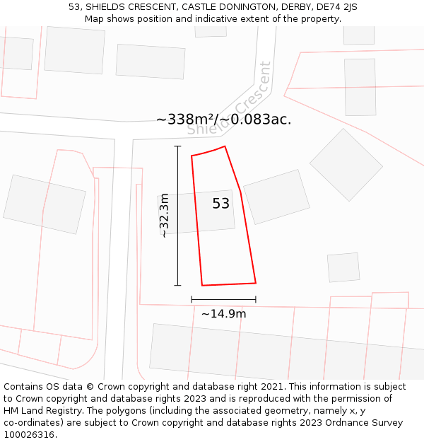 53, SHIELDS CRESCENT, CASTLE DONINGTON, DERBY, DE74 2JS: Plot and title map