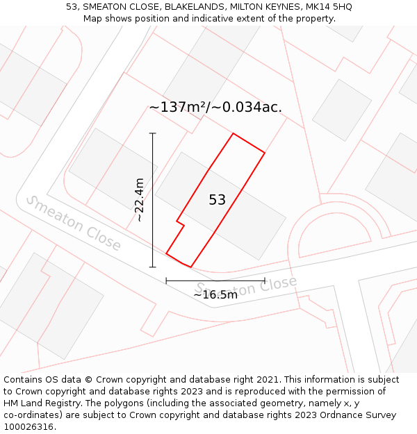 53, SMEATON CLOSE, BLAKELANDS, MILTON KEYNES, MK14 5HQ: Plot and title map