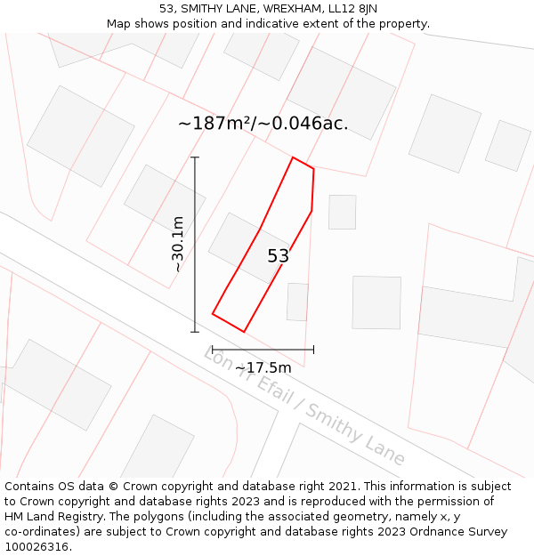 53, SMITHY LANE, WREXHAM, LL12 8JN: Plot and title map