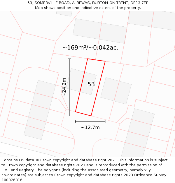 53, SOMERVILLE ROAD, ALREWAS, BURTON-ON-TRENT, DE13 7EP: Plot and title map