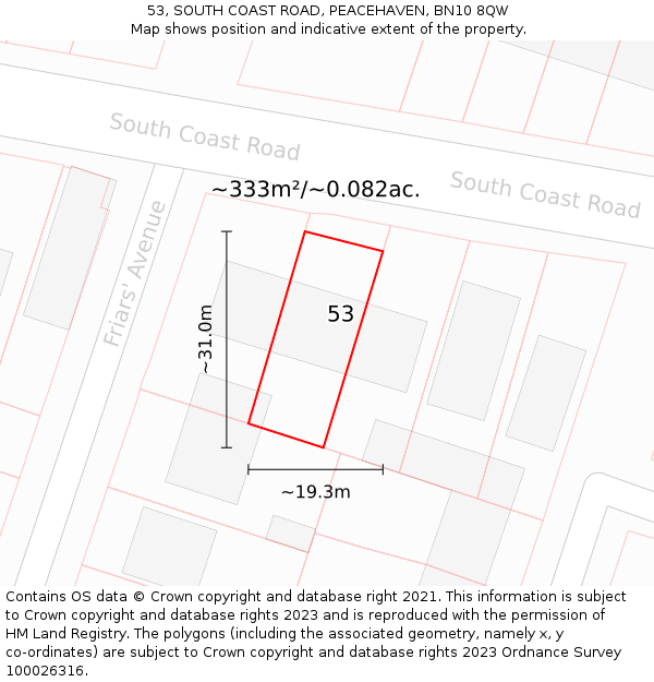 53, SOUTH COAST ROAD, PEACEHAVEN, BN10 8QW: Plot and title map