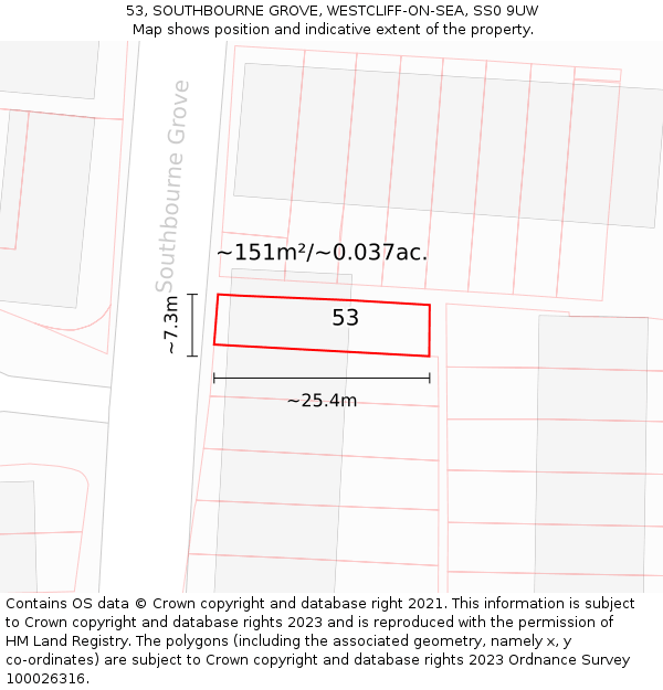 53, SOUTHBOURNE GROVE, WESTCLIFF-ON-SEA, SS0 9UW: Plot and title map