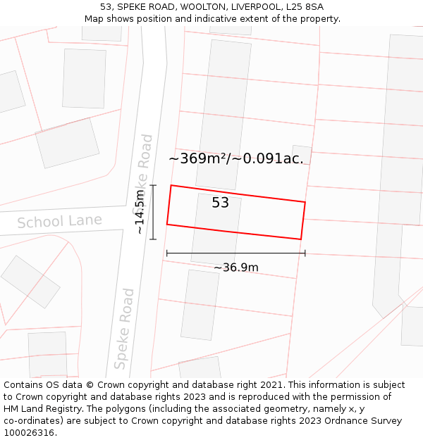 53, SPEKE ROAD, WOOLTON, LIVERPOOL, L25 8SA: Plot and title map