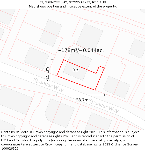 53, SPENCER WAY, STOWMARKET, IP14 1UB: Plot and title map