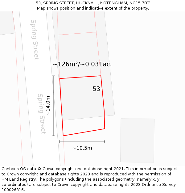 53, SPRING STREET, HUCKNALL, NOTTINGHAM, NG15 7BZ: Plot and title map