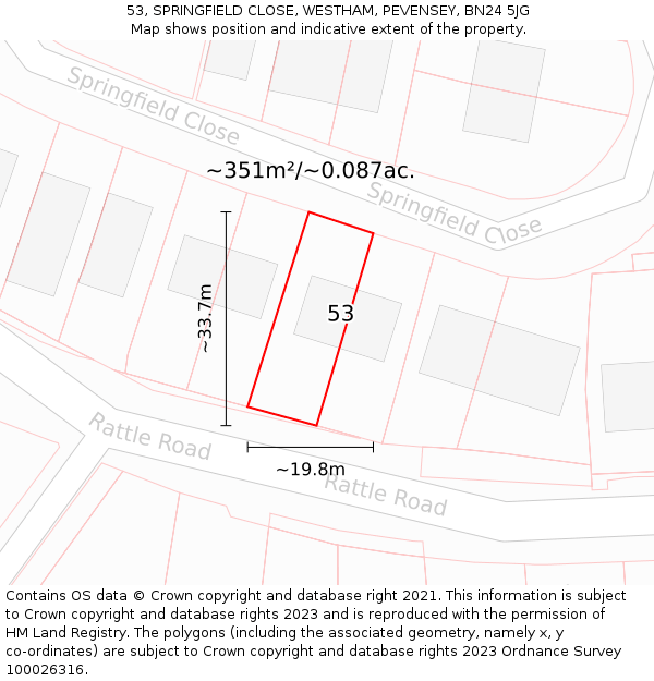 53, SPRINGFIELD CLOSE, WESTHAM, PEVENSEY, BN24 5JG: Plot and title map