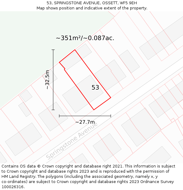 53, SPRINGSTONE AVENUE, OSSETT, WF5 9EH: Plot and title map