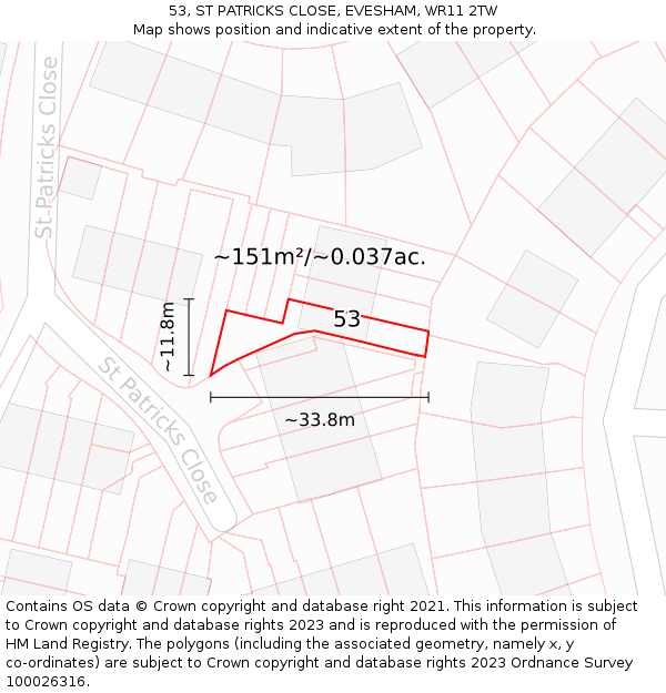 53, ST PATRICKS CLOSE, EVESHAM, WR11 2TW: Plot and title map