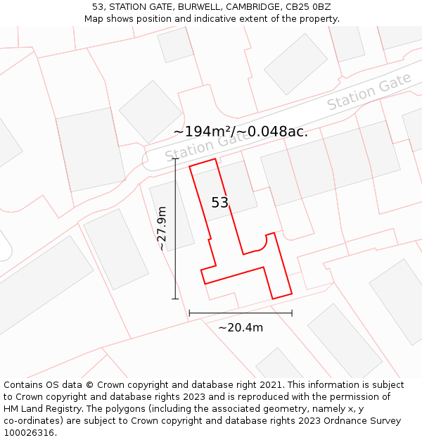 53, STATION GATE, BURWELL, CAMBRIDGE, CB25 0BZ: Plot and title map