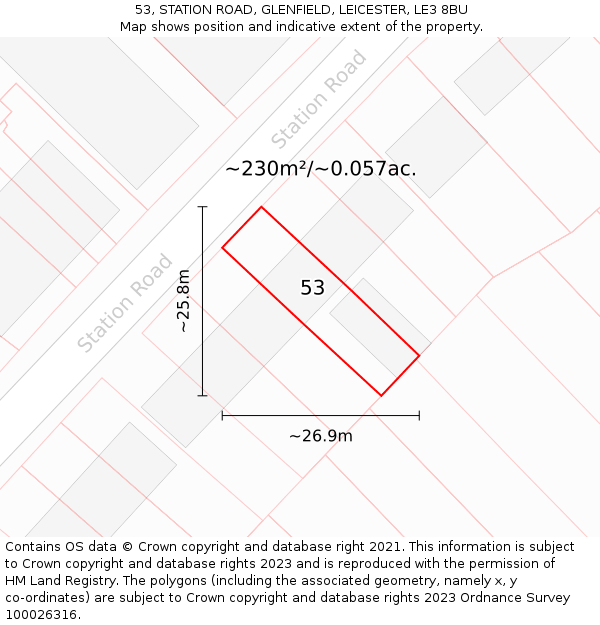 53, STATION ROAD, GLENFIELD, LEICESTER, LE3 8BU: Plot and title map