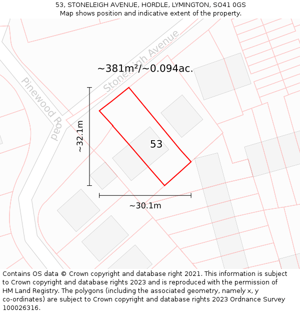 53, STONELEIGH AVENUE, HORDLE, LYMINGTON, SO41 0GS: Plot and title map