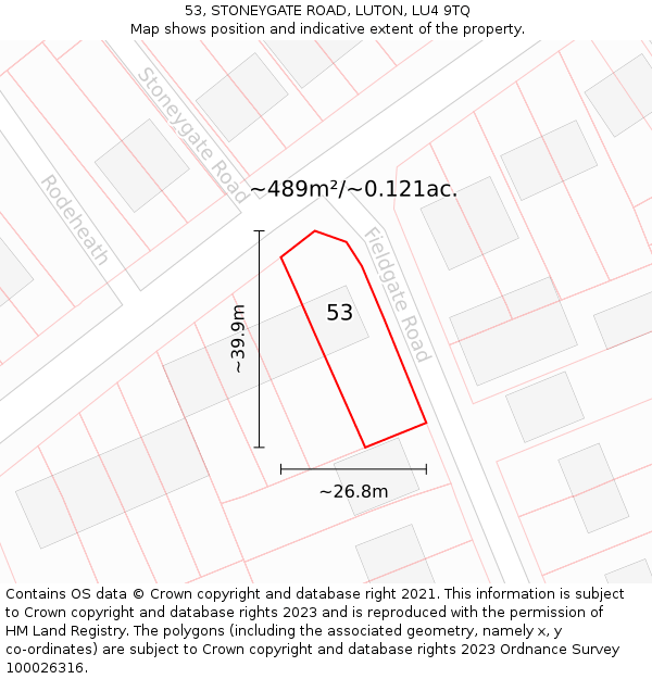 53, STONEYGATE ROAD, LUTON, LU4 9TQ: Plot and title map