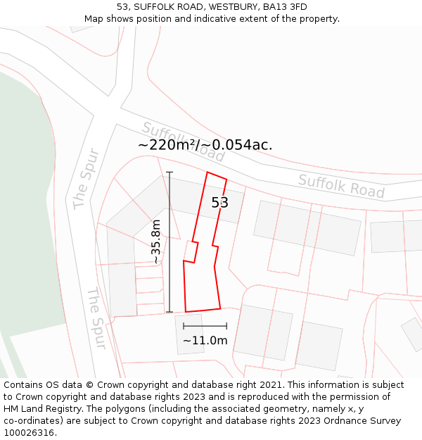 53, SUFFOLK ROAD, WESTBURY, BA13 3FD: Plot and title map