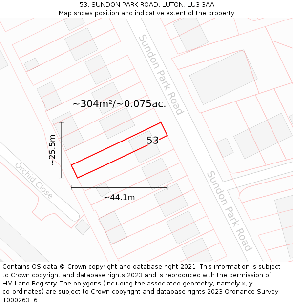 53, SUNDON PARK ROAD, LUTON, LU3 3AA: Plot and title map