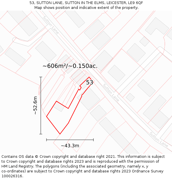 53, SUTTON LANE, SUTTON IN THE ELMS, LEICESTER, LE9 6QF: Plot and title map