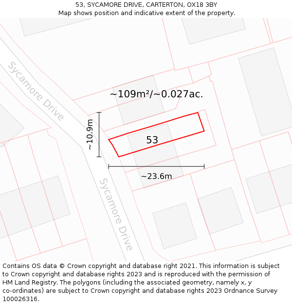 53, SYCAMORE DRIVE, CARTERTON, OX18 3BY: Plot and title map