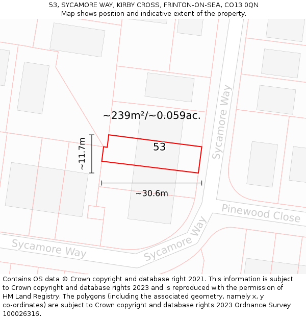 53, SYCAMORE WAY, KIRBY CROSS, FRINTON-ON-SEA, CO13 0QN: Plot and title map