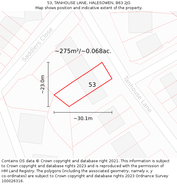 53, TANHOUSE LANE, HALESOWEN, B63 2JG: Plot and title map