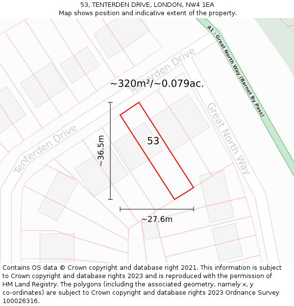 53, TENTERDEN DRIVE, LONDON, NW4 1EA: Plot and title map