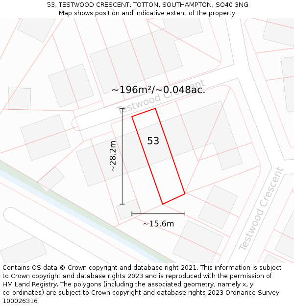 53, TESTWOOD CRESCENT, TOTTON, SOUTHAMPTON, SO40 3NG: Plot and title map