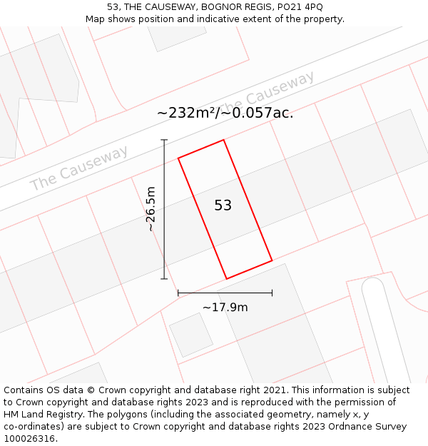 53, THE CAUSEWAY, BOGNOR REGIS, PO21 4PQ: Plot and title map