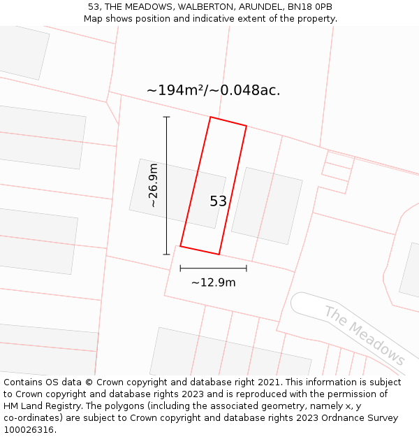 53, THE MEADOWS, WALBERTON, ARUNDEL, BN18 0PB: Plot and title map