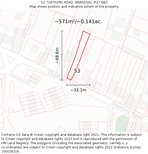 53, THETFORD ROAD, BRANDON, IP27 0BZ: Plot and title map