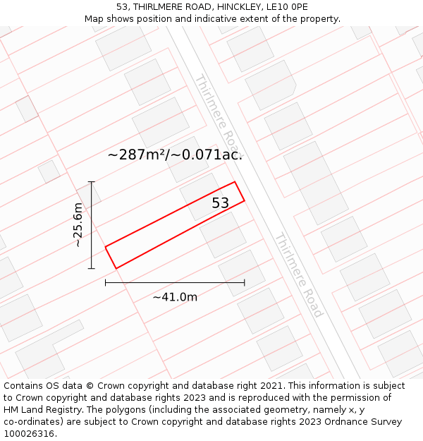 53, THIRLMERE ROAD, HINCKLEY, LE10 0PE: Plot and title map