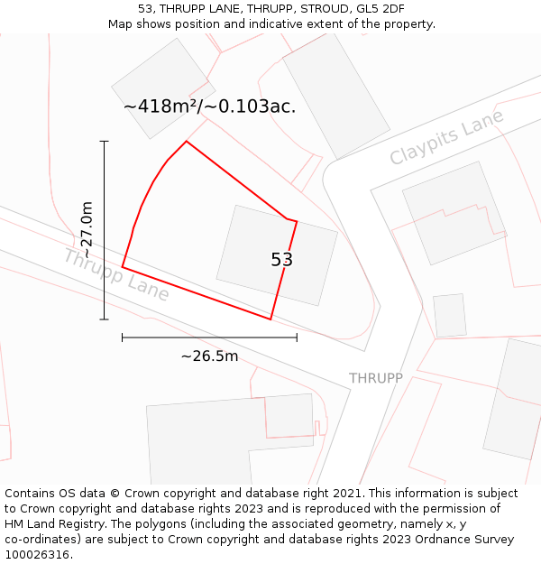 53, THRUPP LANE, THRUPP, STROUD, GL5 2DF: Plot and title map