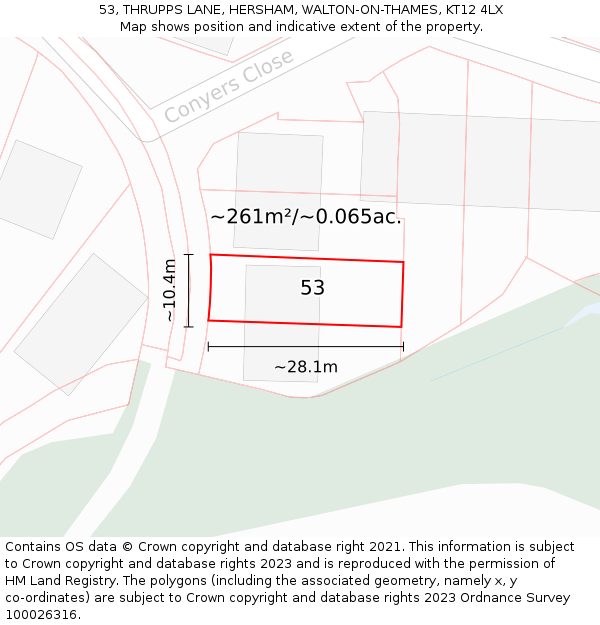 53, THRUPPS LANE, HERSHAM, WALTON-ON-THAMES, KT12 4LX: Plot and title map