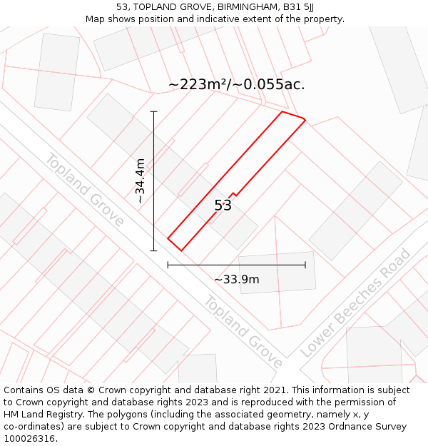 53, TOPLAND GROVE, BIRMINGHAM, B31 5JJ: Plot and title map