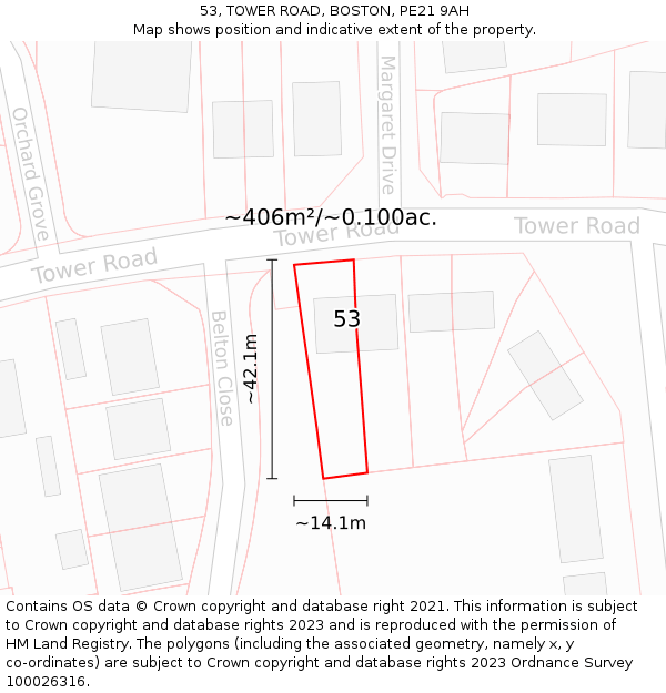 53, TOWER ROAD, BOSTON, PE21 9AH: Plot and title map