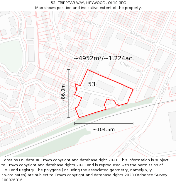 53, TRIPPEAR WAY, HEYWOOD, OL10 3FG: Plot and title map