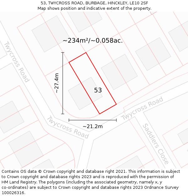 53, TWYCROSS ROAD, BURBAGE, HINCKLEY, LE10 2SF: Plot and title map