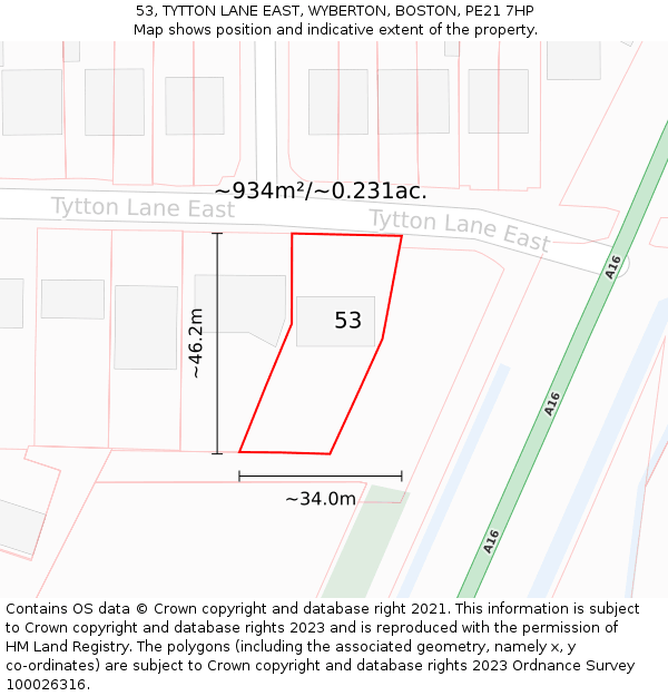 53, TYTTON LANE EAST, WYBERTON, BOSTON, PE21 7HP: Plot and title map