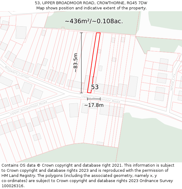 53, UPPER BROADMOOR ROAD, CROWTHORNE, RG45 7DW: Plot and title map